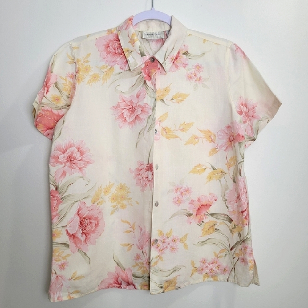 VTG Lemon Grass Artsy Pink Floral Shirts Blouse Top Size S
